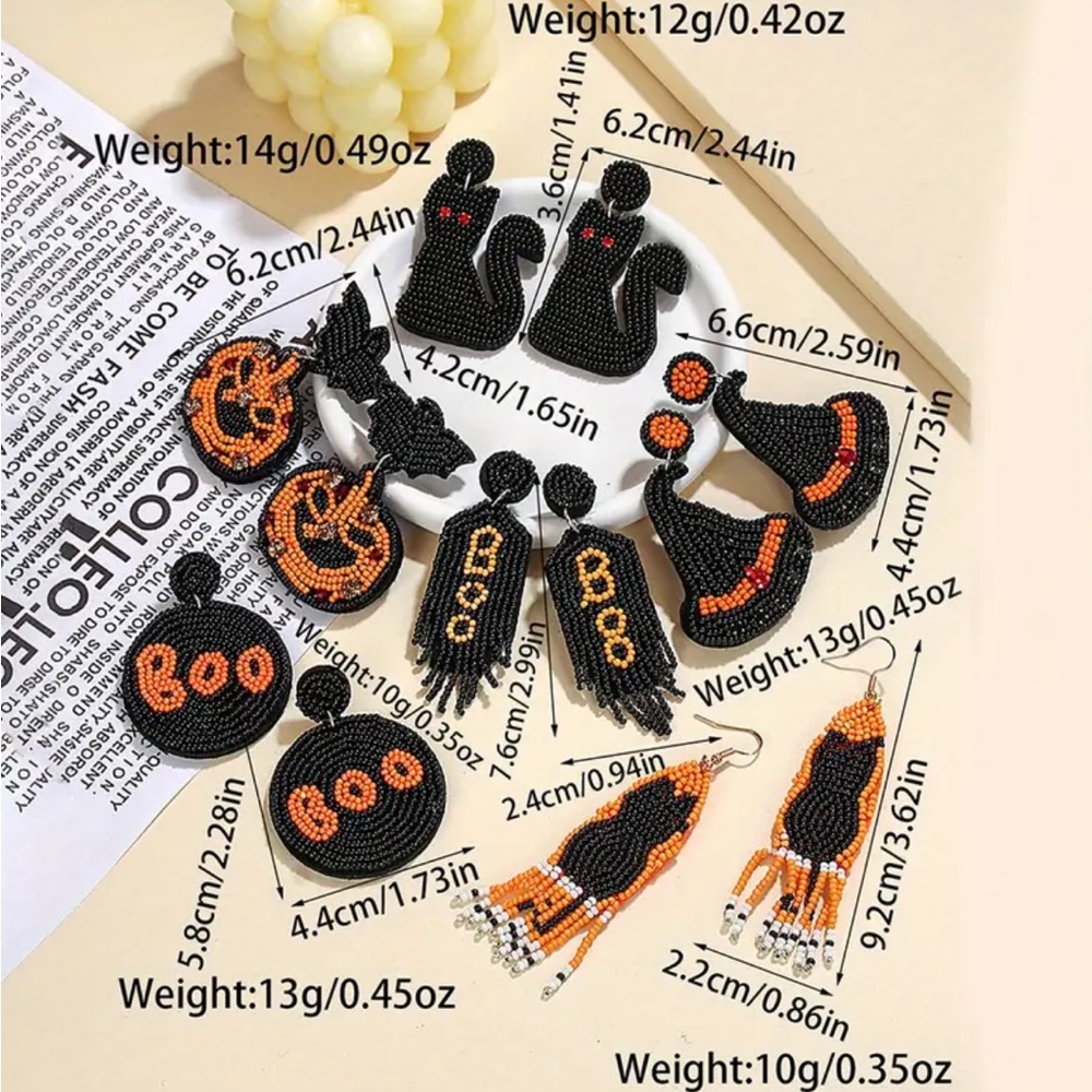 Halloween Boo Black & Orange Beaded Earrings - Picture 2 of 2